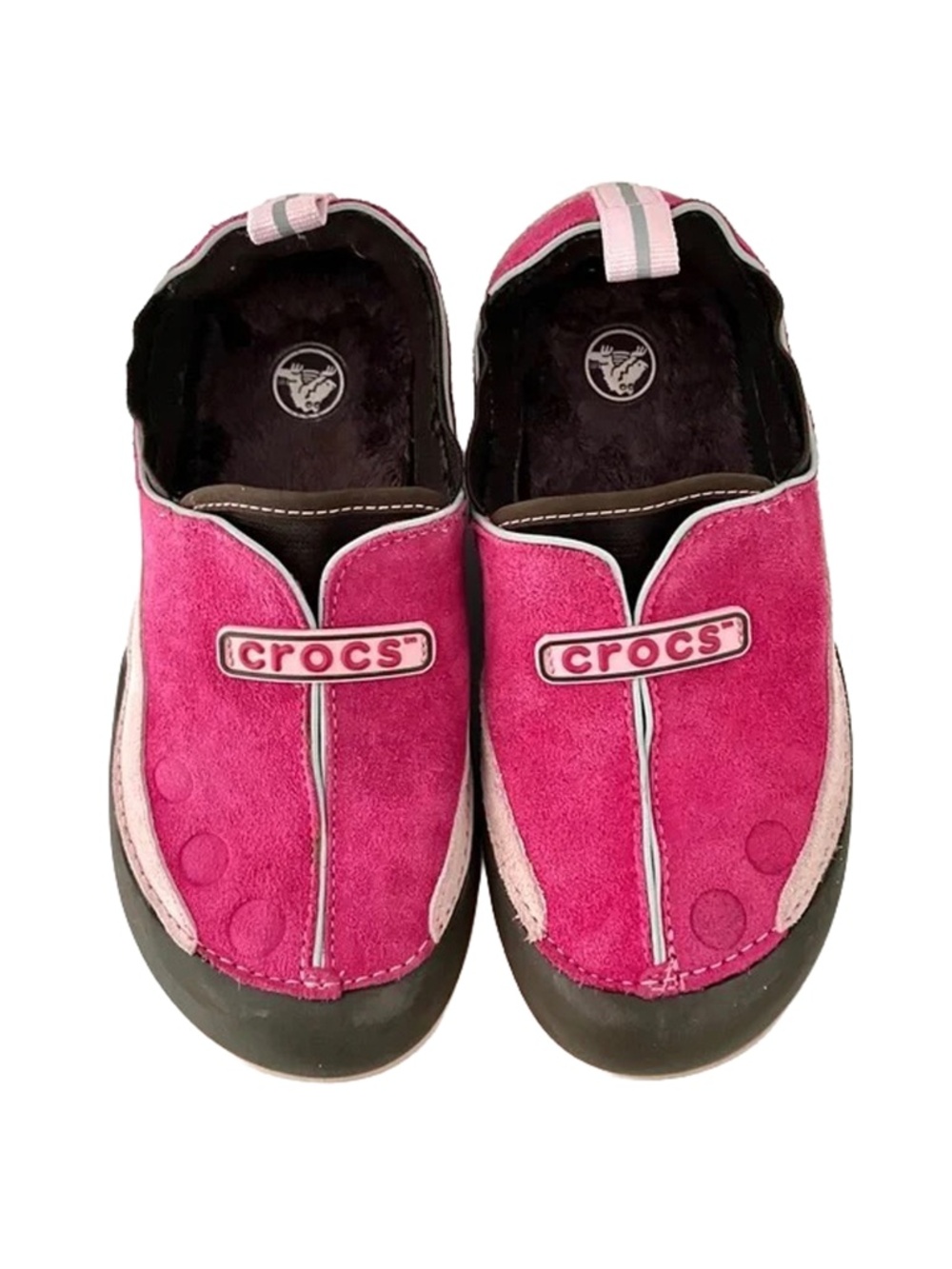 Crocs Kids Dawson Suede Slip-On Size J 2 Faux Fur Removable Insole Pink & Brown.